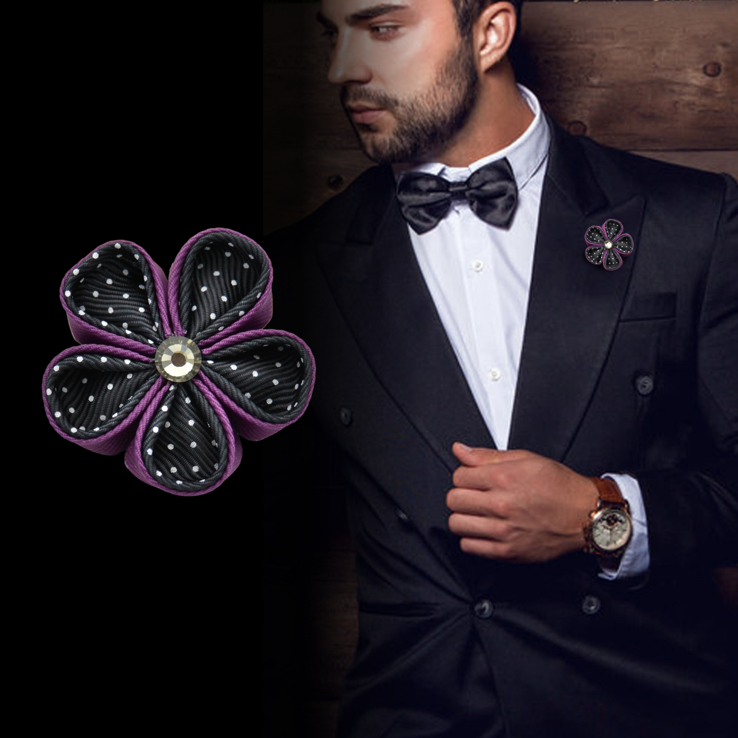 Knopflochblüte "Purple Black Polka" handgemachte Ansteckblüten für Herren von Moonbirds